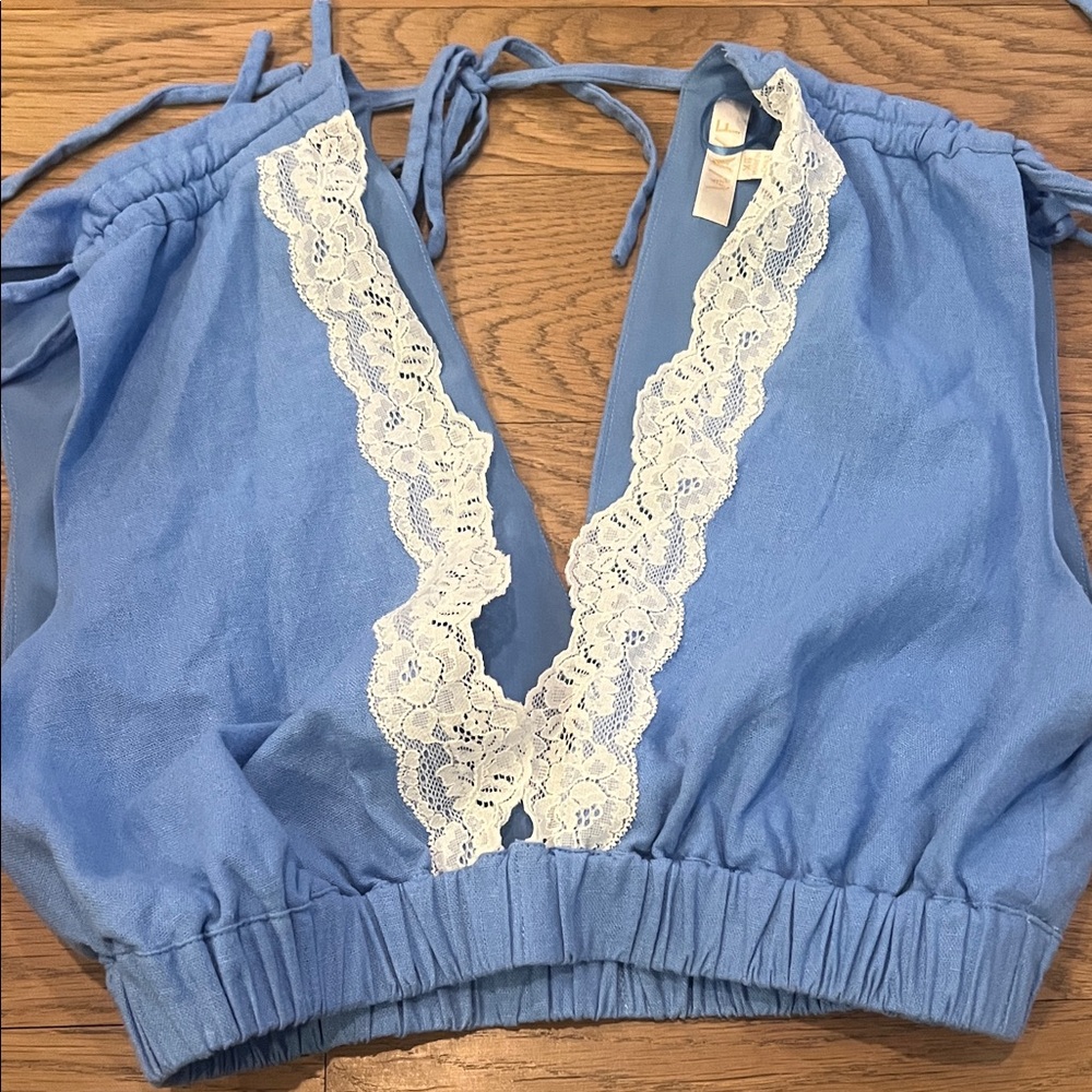 Wayf Light Blue Lace Trim Blouse